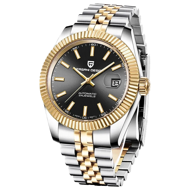 Two-tone silver and gold watch with black dial on a white background
