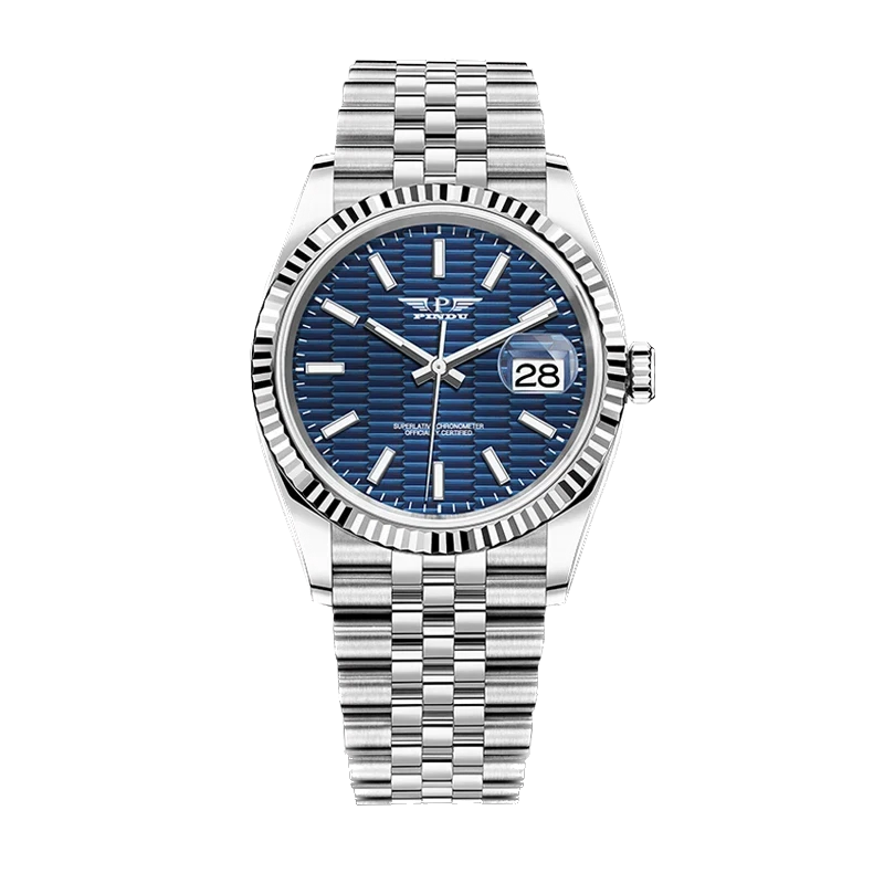 Silver watch with blue face on a white background