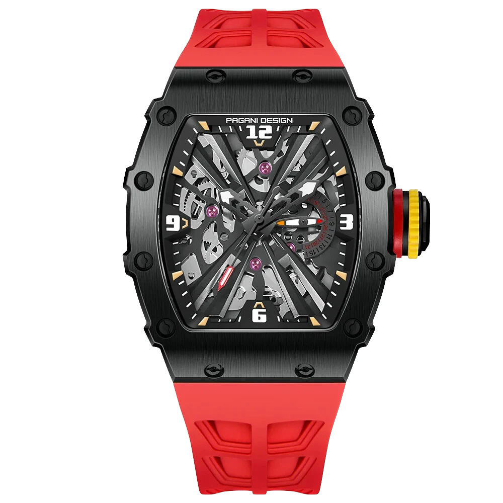 Watch with red strap and black case on a white background