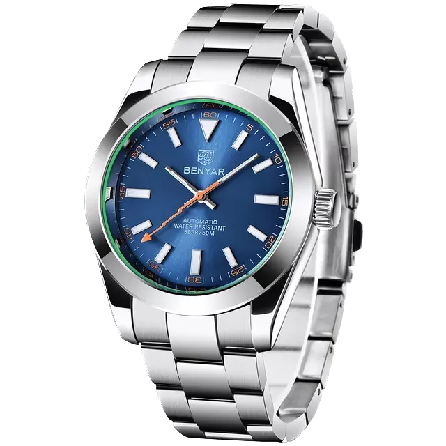 Silver watch with a blue dial on a white background