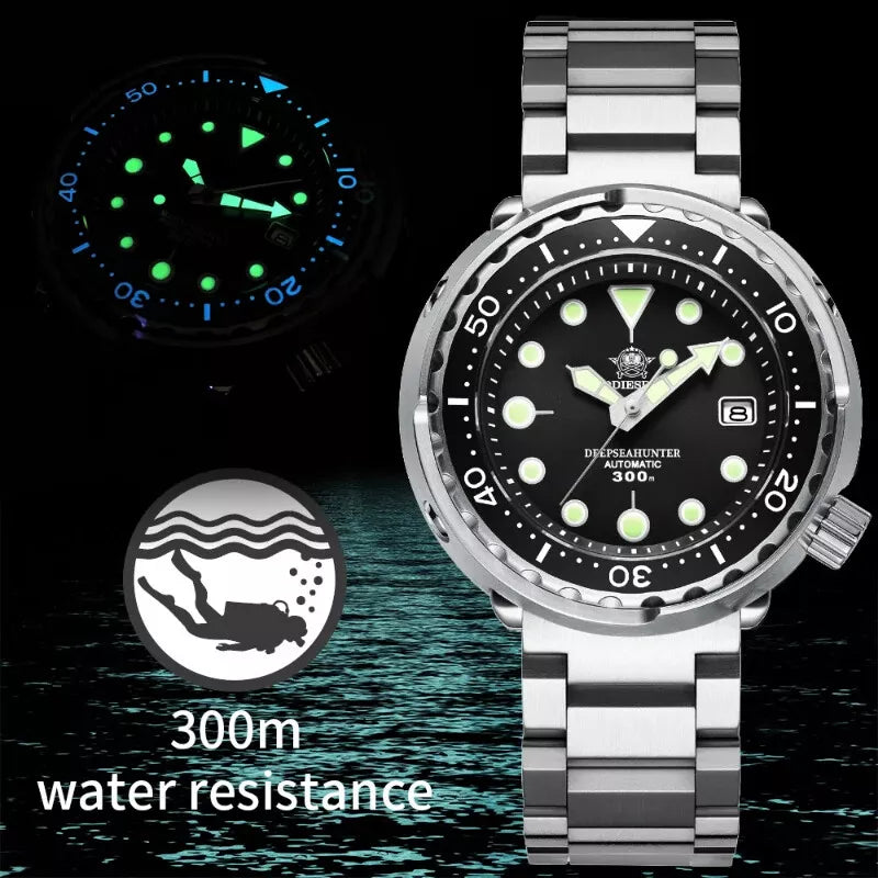 Silver watch with black dial and water resistance features on a dark background