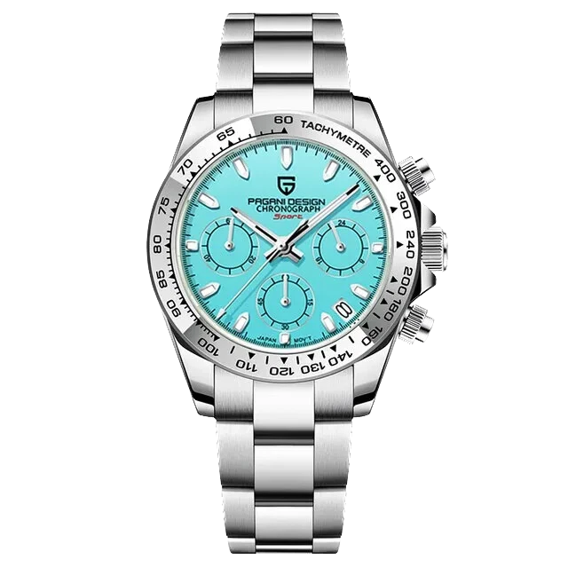 Silver watch with a turquoise face on a white background