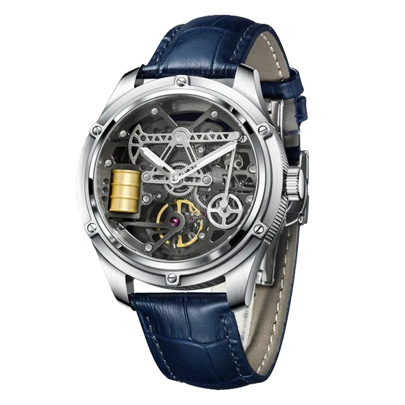 Watch with blue leather strap and visible mechanical components on a white background