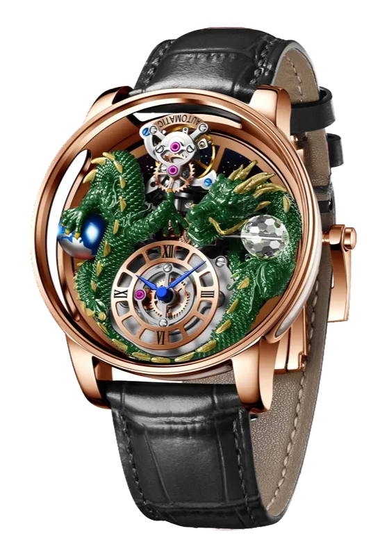 Luxury watch with intricate design and black leather strap on white background