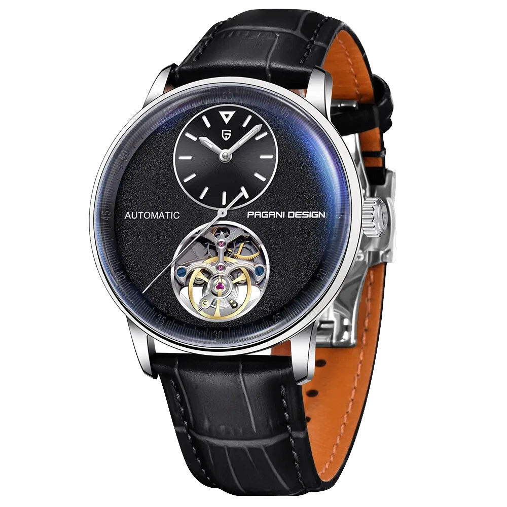 Wristwatch with black leather strap and visible mechanical components on a white background
