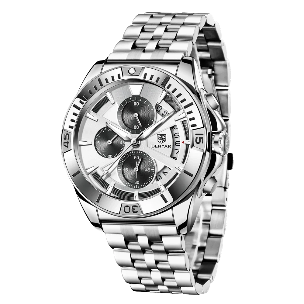 Silver wristwatch with multiple sub-dials on a white background