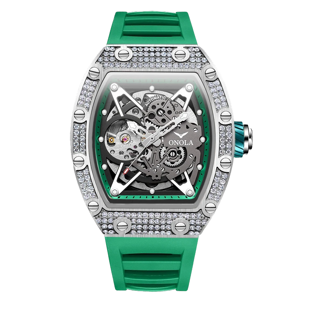 Green wristwatch with detailed mechanical components on a white background