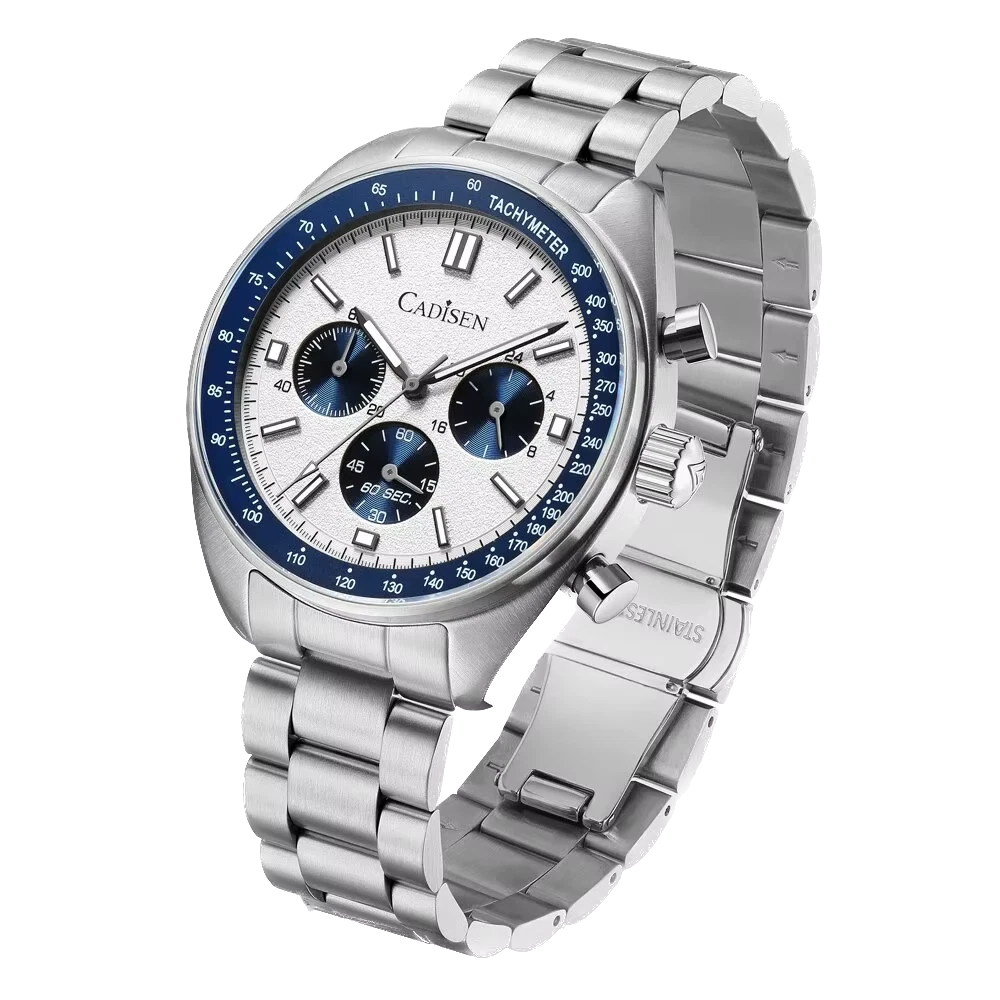 Silver watch with a white face and blue accents on a white background