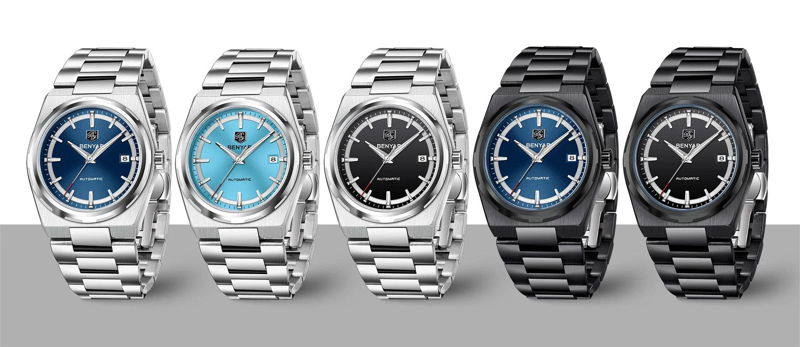 Five watches with different colored faces and metallic bands on a gray background