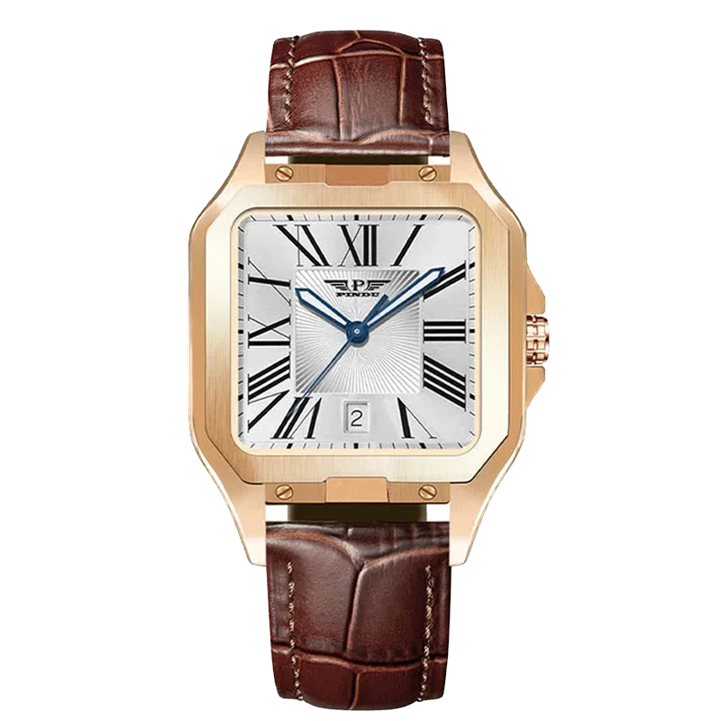 Luxury watch with brown leather strap and rose gold case on white background
