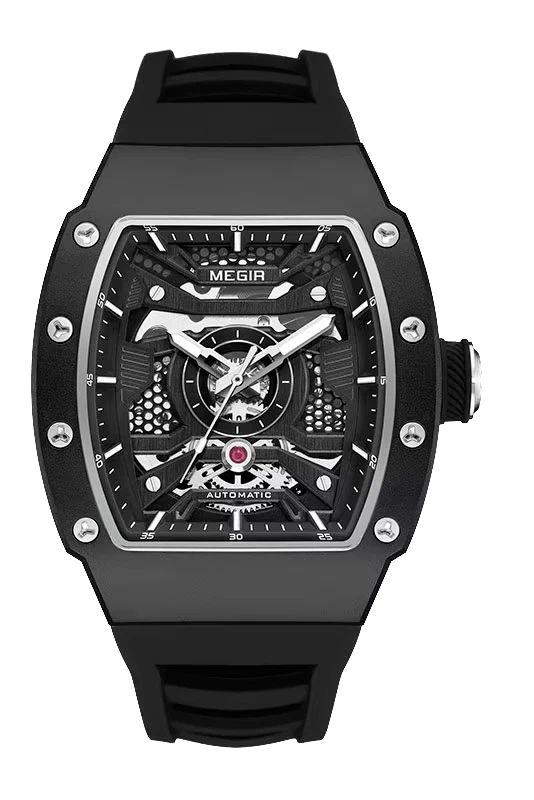 Black Megir watch with transparent face on a white background