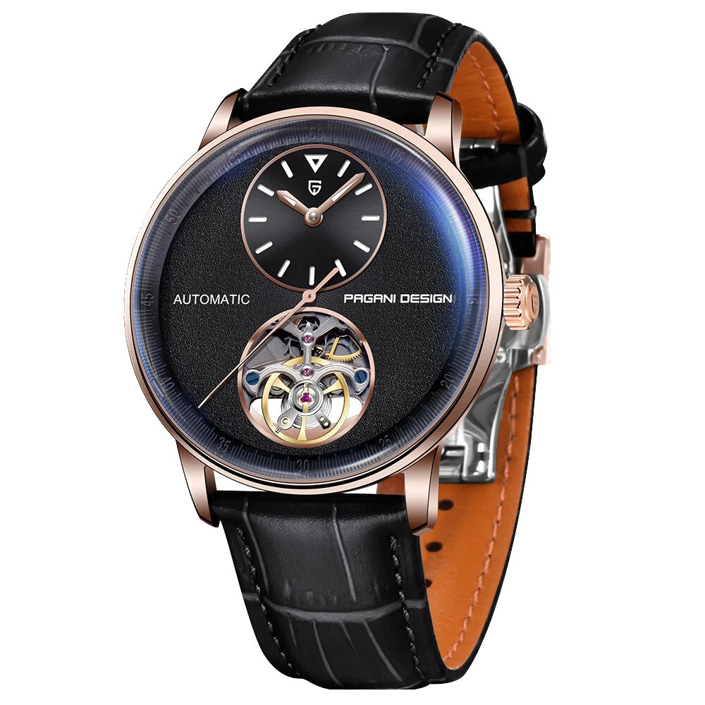 Luxury watch with black leather strap and rose gold case on white background