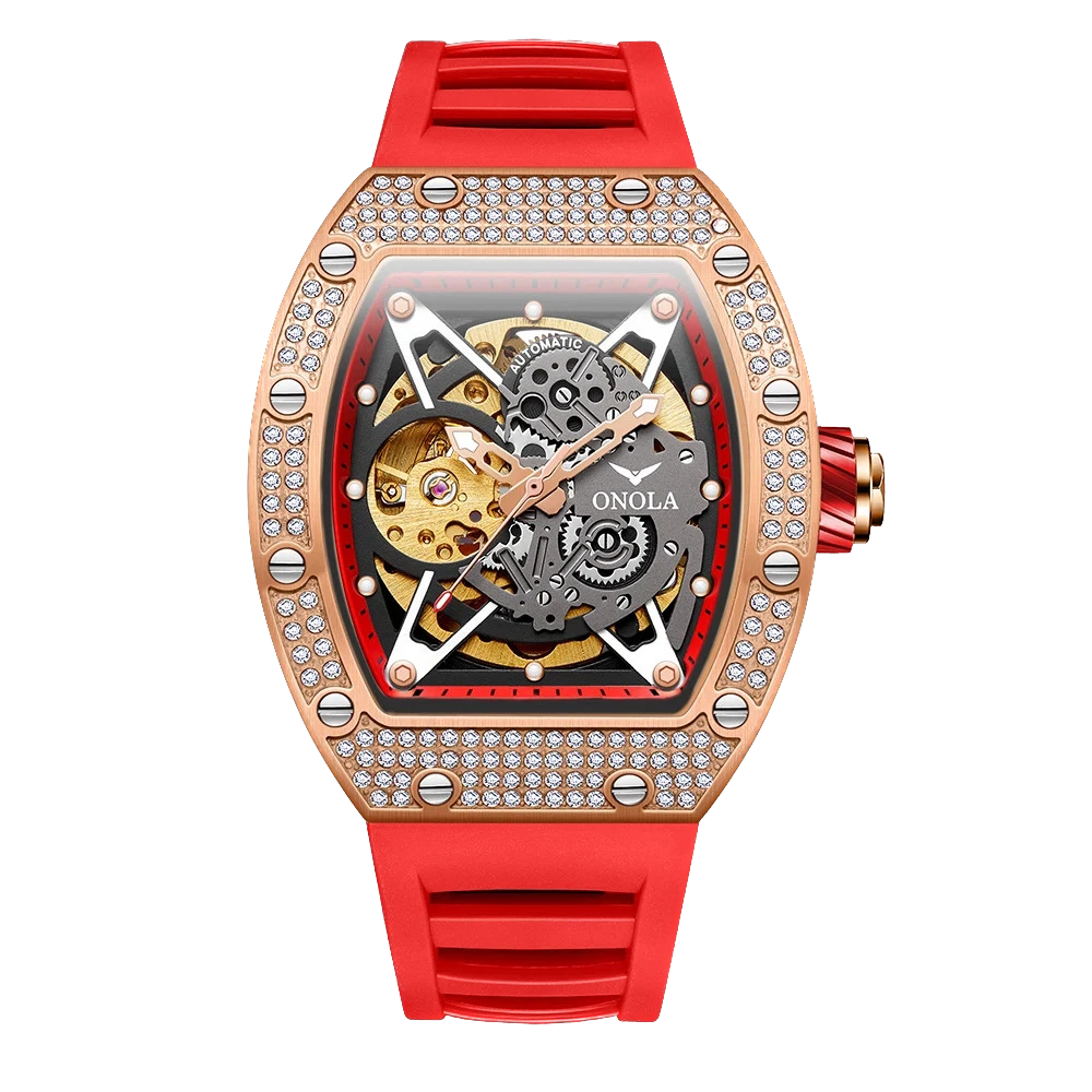 Luxury watch with red strap and visible mechanical components on a white background