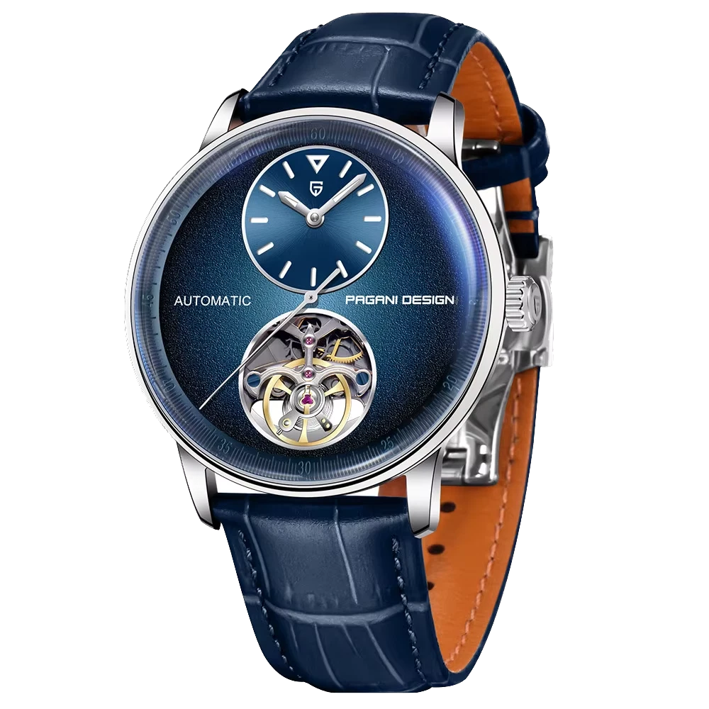 Watch with blue face and strap on a white background