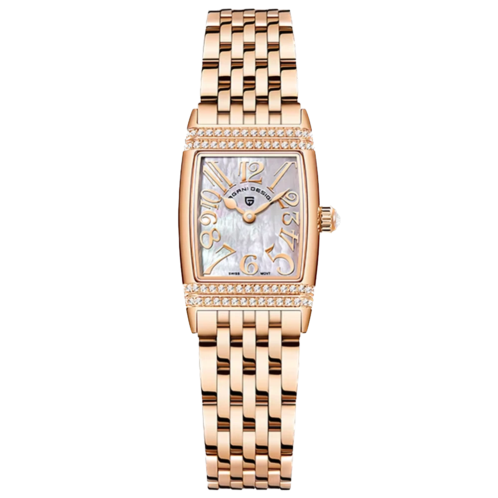 Rose gold watch with a diamond-studded bezel on a white background
