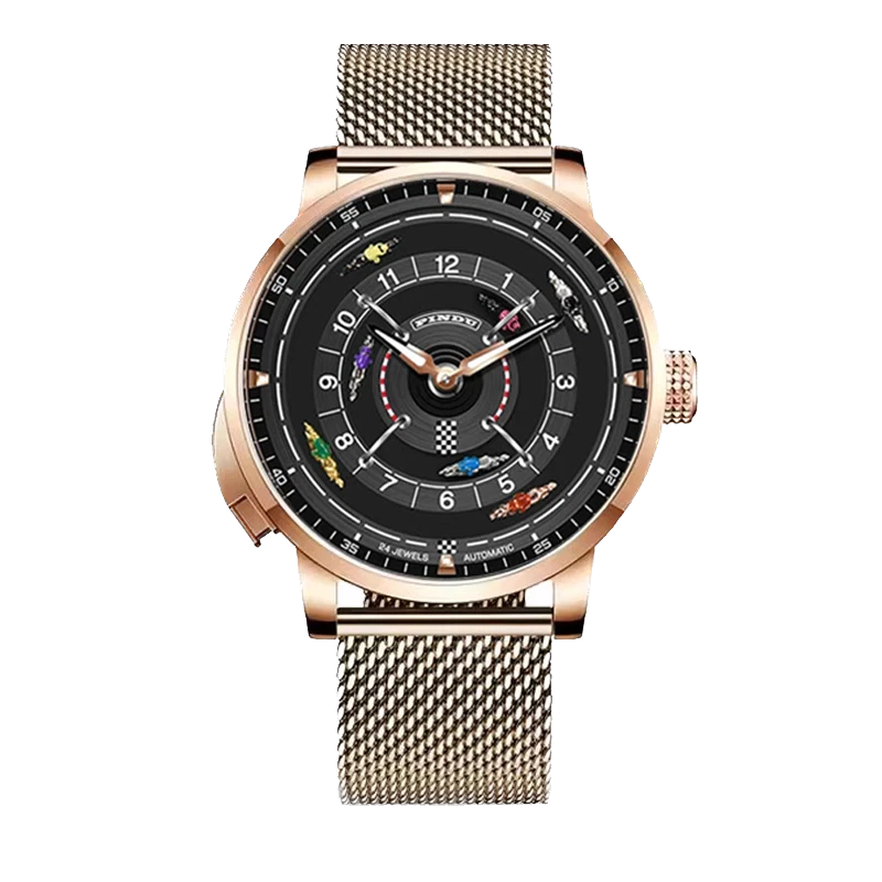 Luxury watch with rose gold mesh band and black dial on a white background