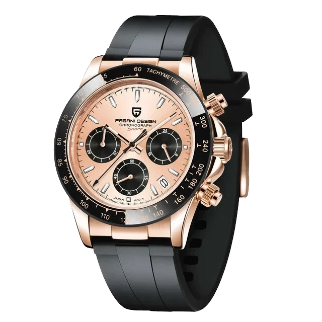Luxury watch with black strap and rose gold case on a white background