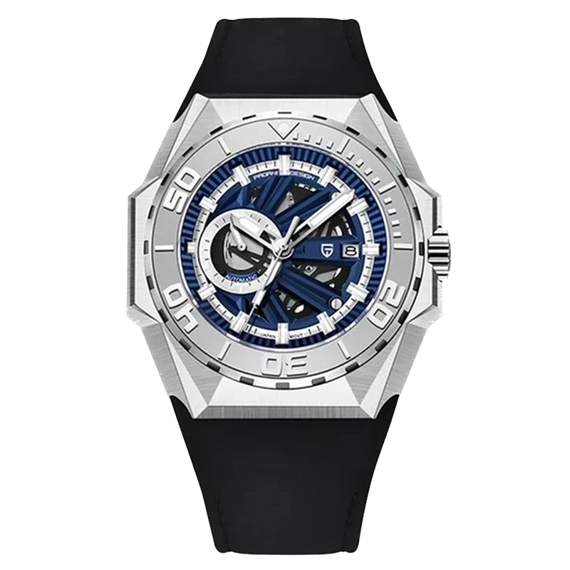 Watch with black strap and blue face on a white background