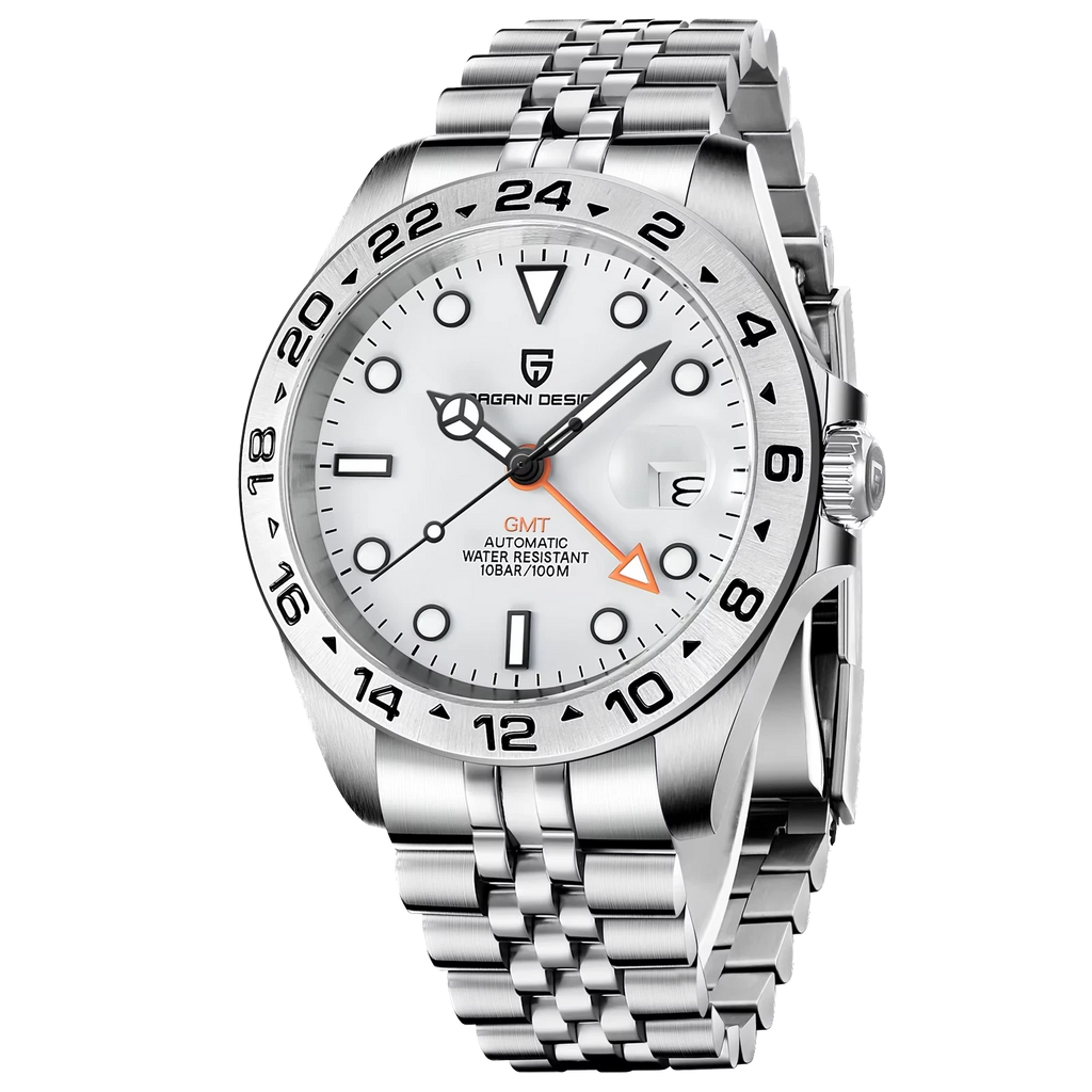 Silver wristwatch with a white dial on a white background