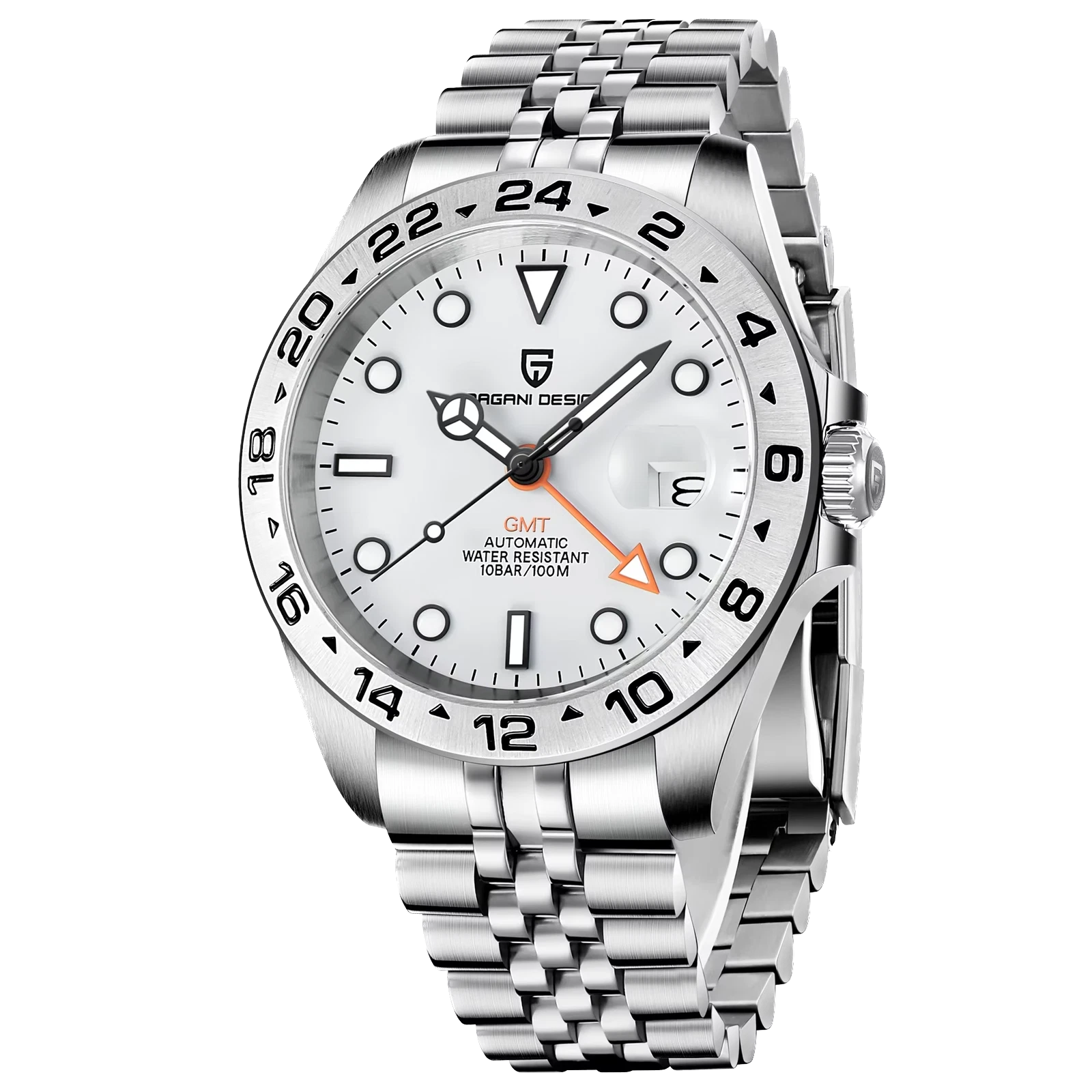 Silver wristwatch with a white dial on a white background
