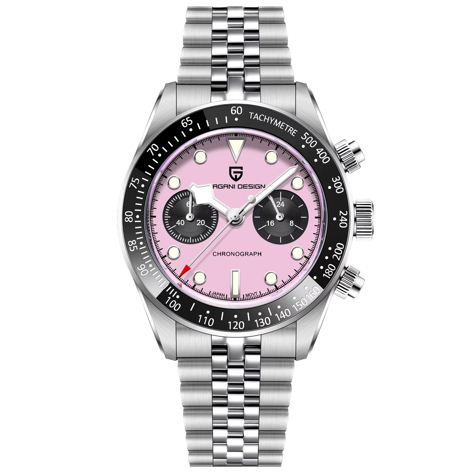 Watch with pink face and silver metal strap on white background