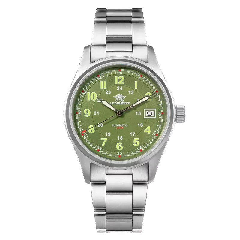 Watch with green dial and silver metal strap on a white background