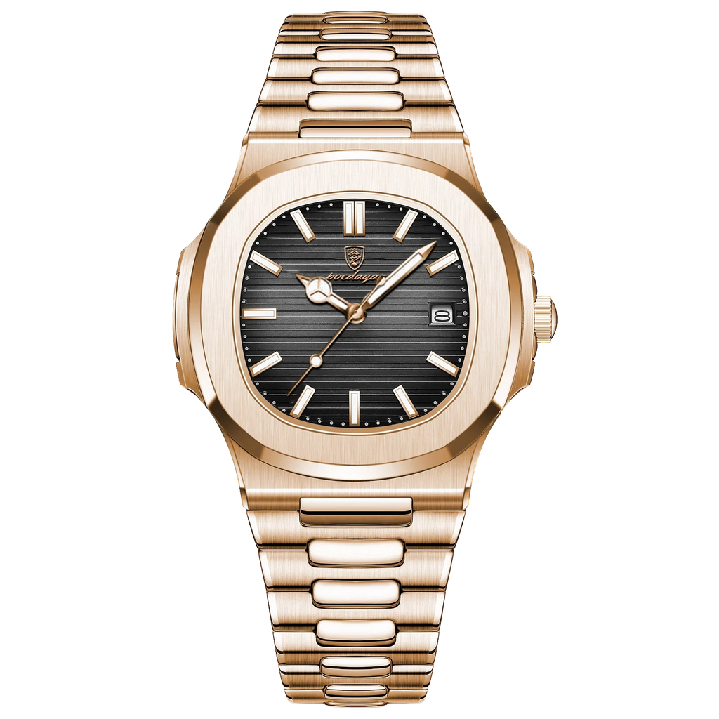 Gold wristwatch with a black dial on a white background