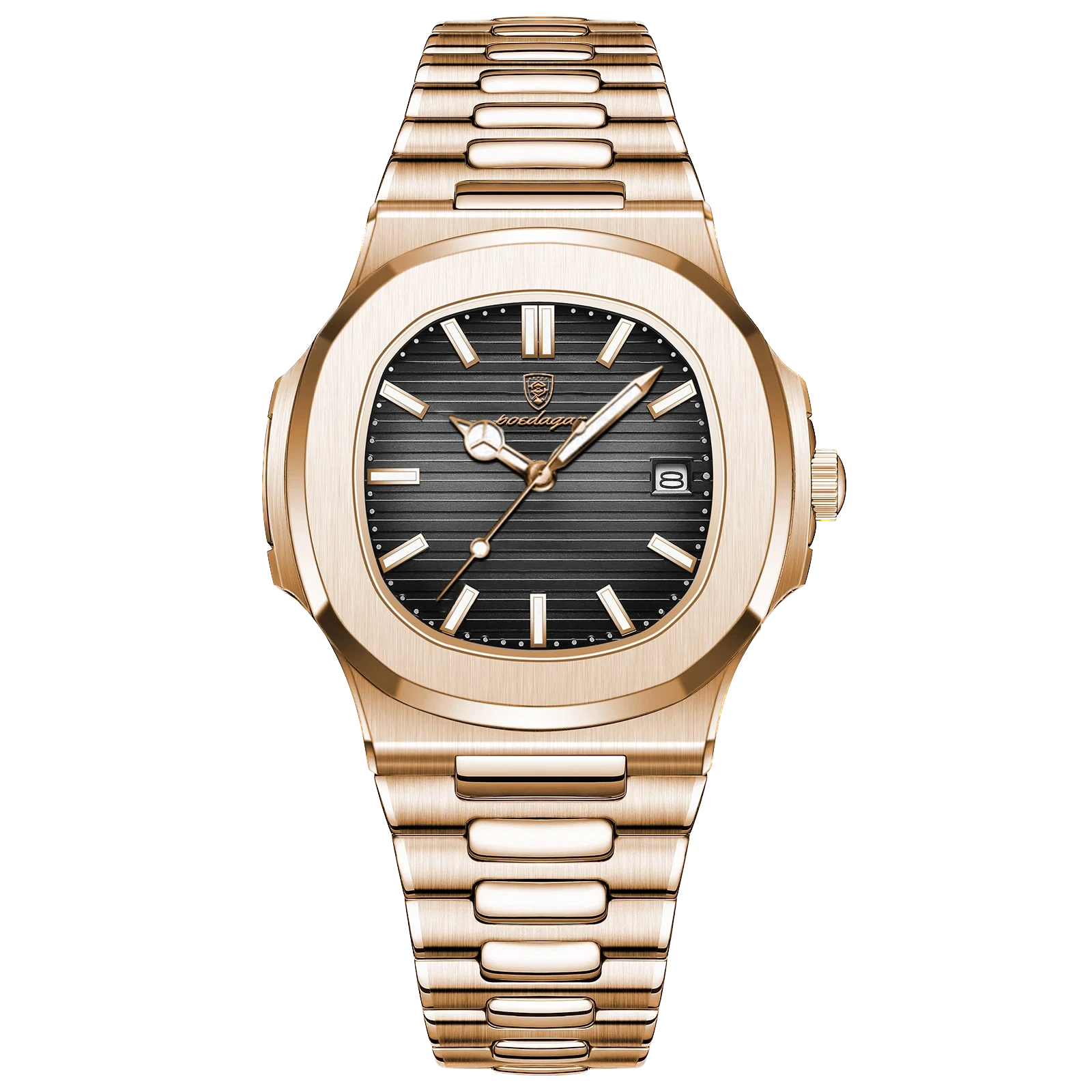Gold wristwatch with a black dial on a white background