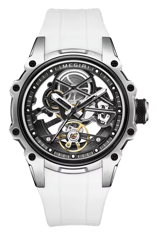 Mechanical watch with white strap and visible brand name on a white background