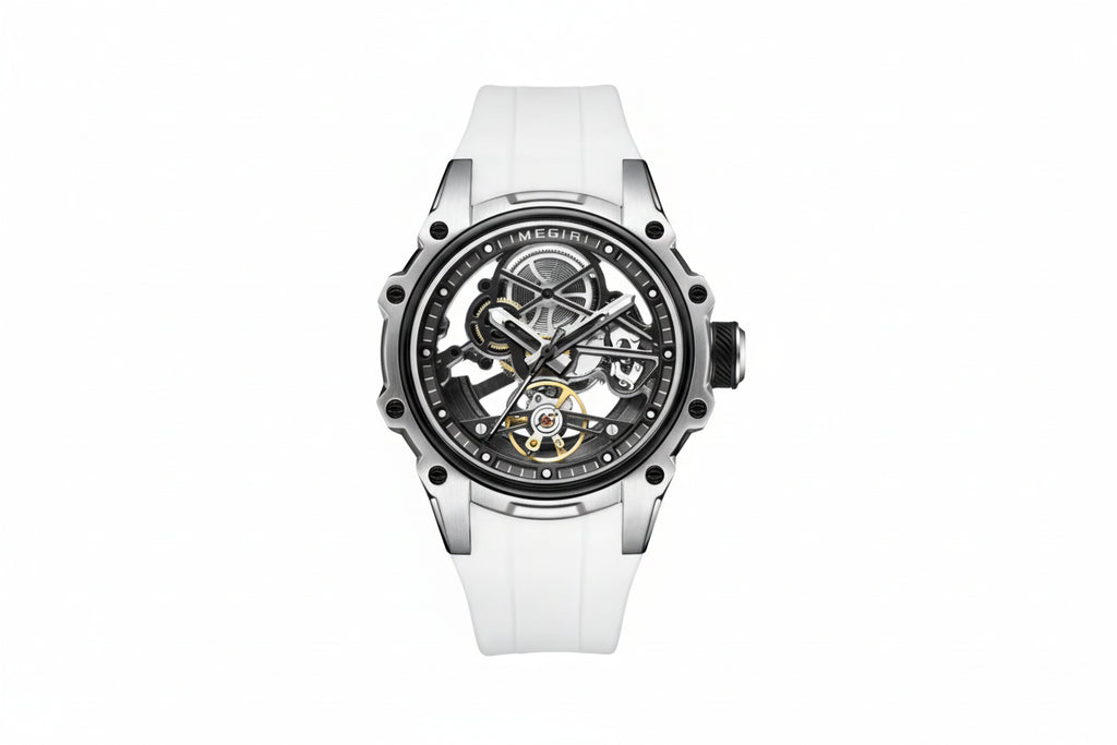 MEGIR Men's Skeleton Dial Automatic Mechanical Waterproof Watch Silicone Strap-PrimeTimepiece