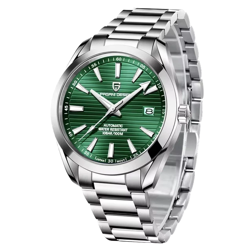 Silver watch with green dial on a white background