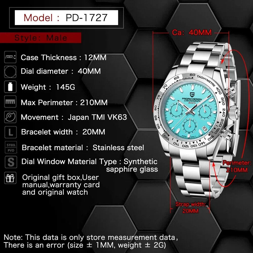 Silver watch with blue dial on a black geometric background, displaying product details.