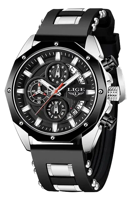 Black and silver watch with detailed face on a white background