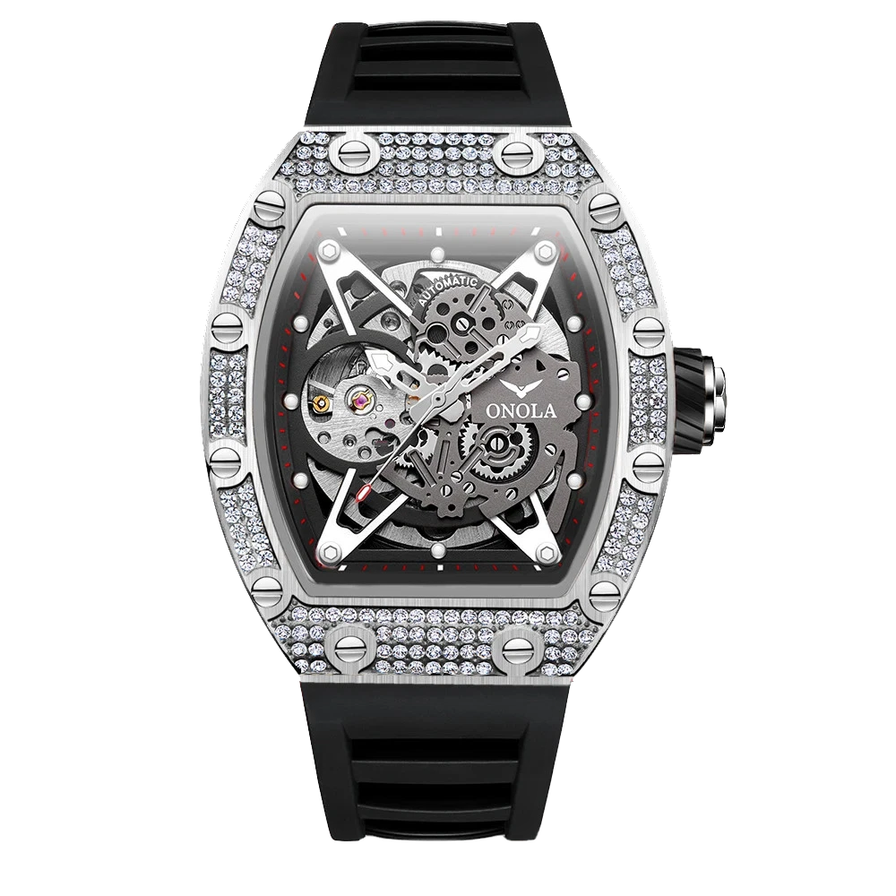Luxury watch with diamond-studded case and black strap on white background