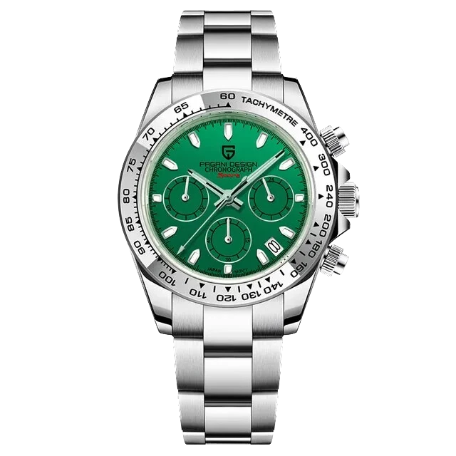 Silver watch with a green face on a white background