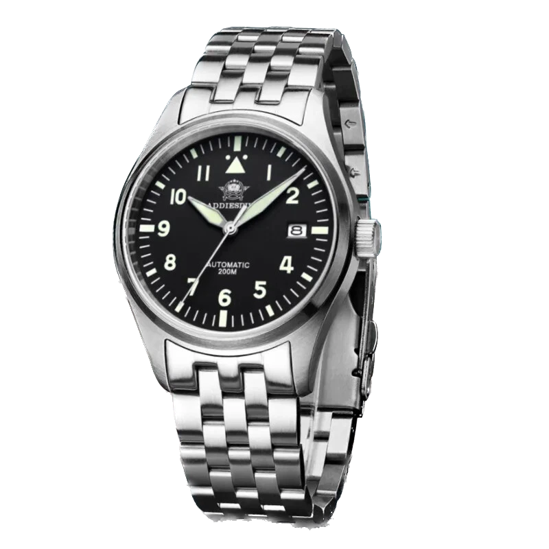 Silver wristwatch with black dial on a white background