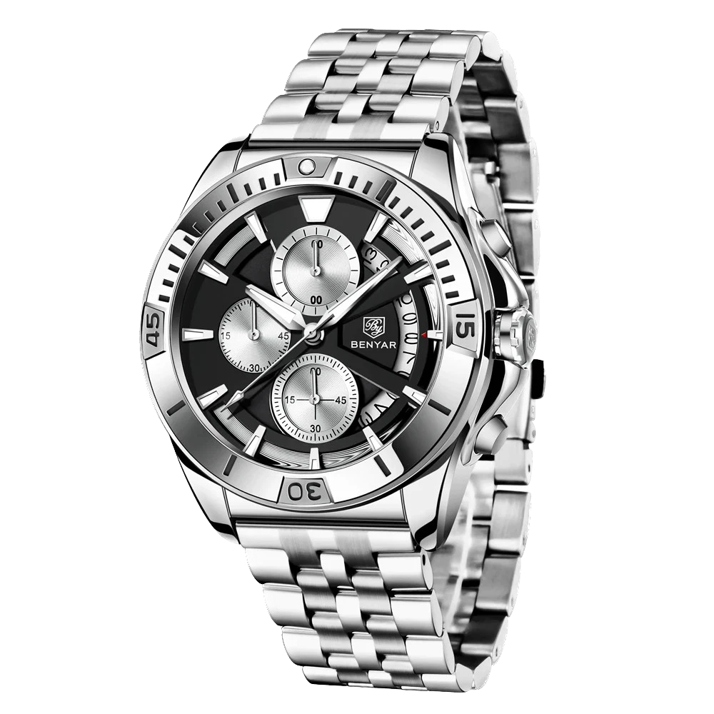 Silver wristwatch with a black face on a white background
