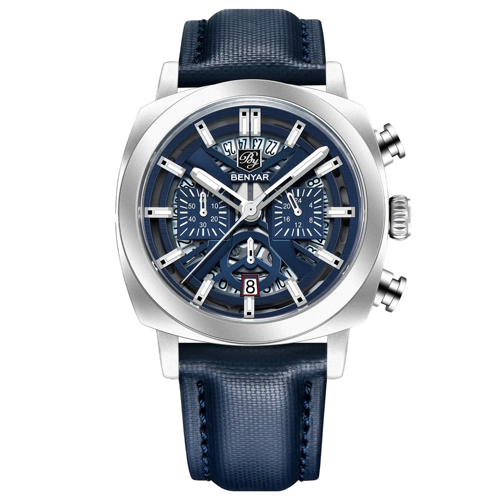 Blue watch with silver case and blue leather strap on a white background