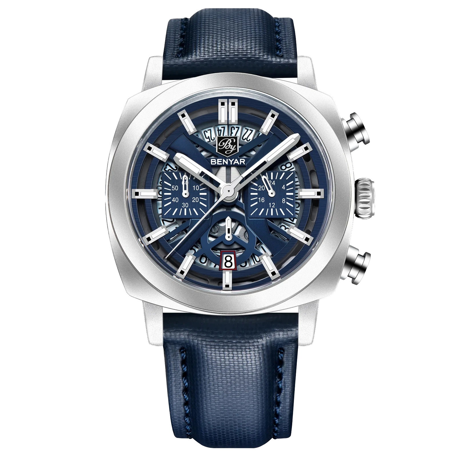 Blue watch with silver case and blue leather strap on a white background
