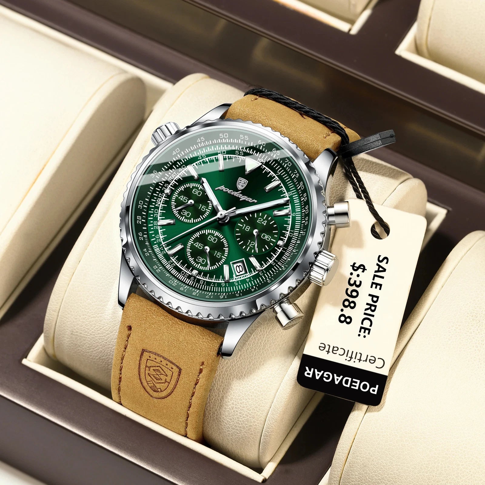 Green watch with brown leather strap in a box, featuring a price tag.