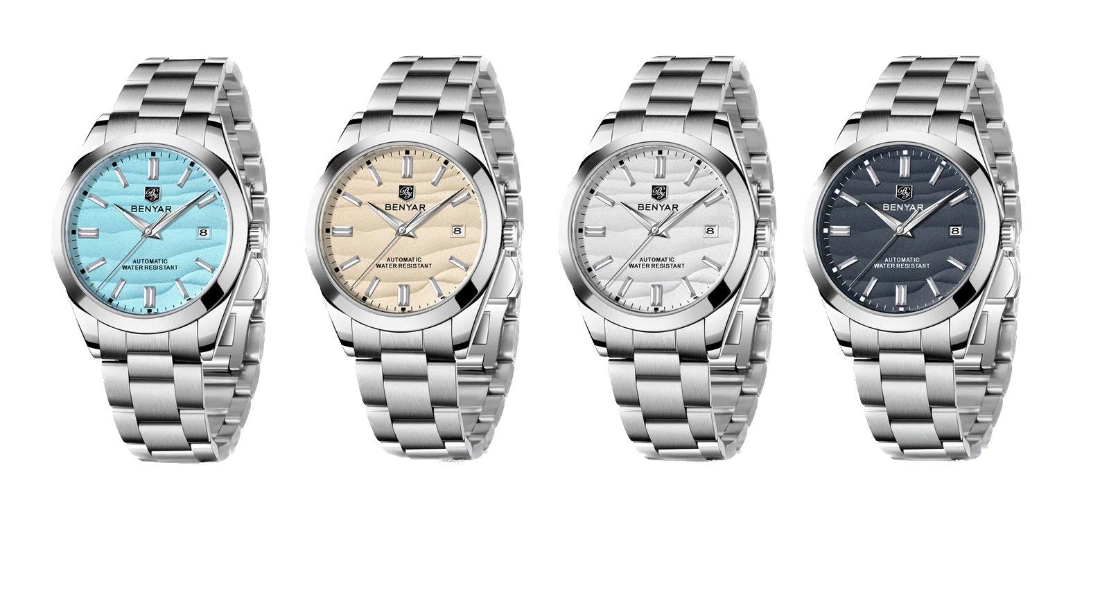 Four silver watches with different colored faces on a white background