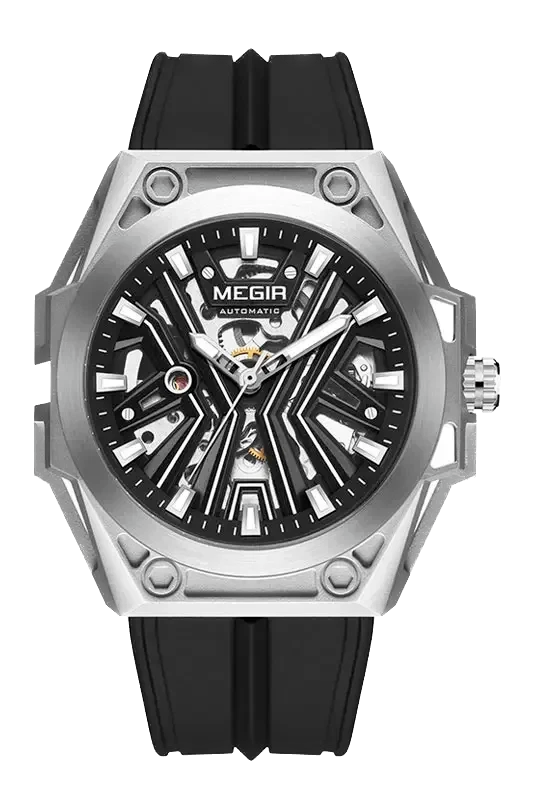 Mechanical watch with black face and silver case on a white background