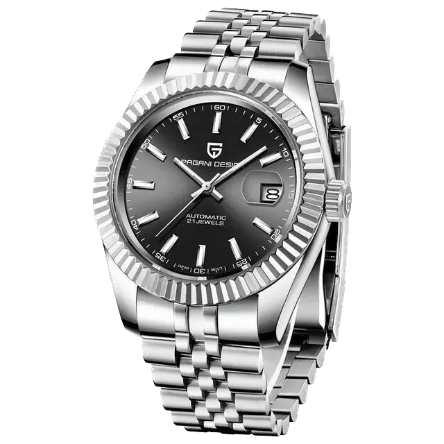 Silver wristwatch with black dial on a white background