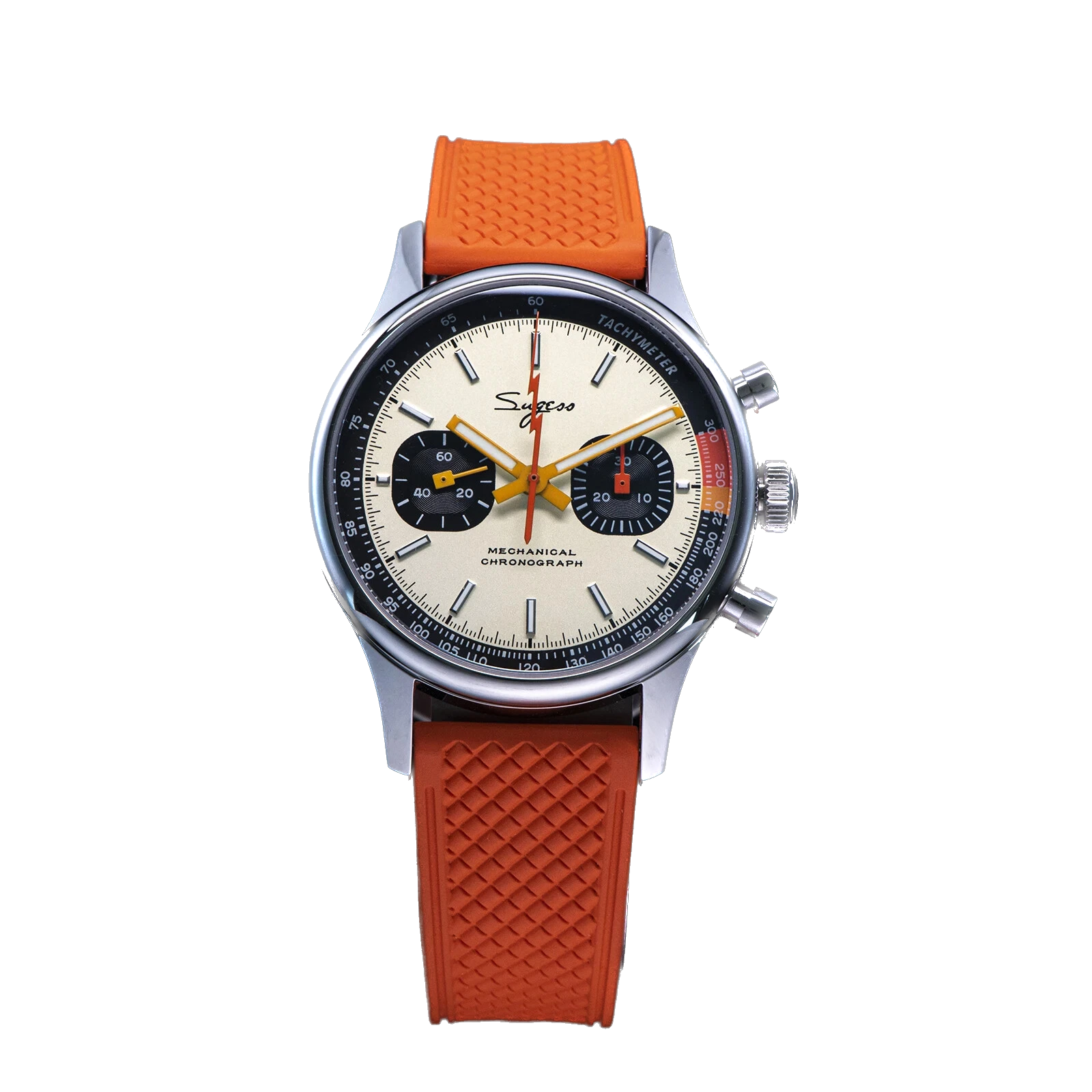 Watch with orange strap and detailed face on a white background