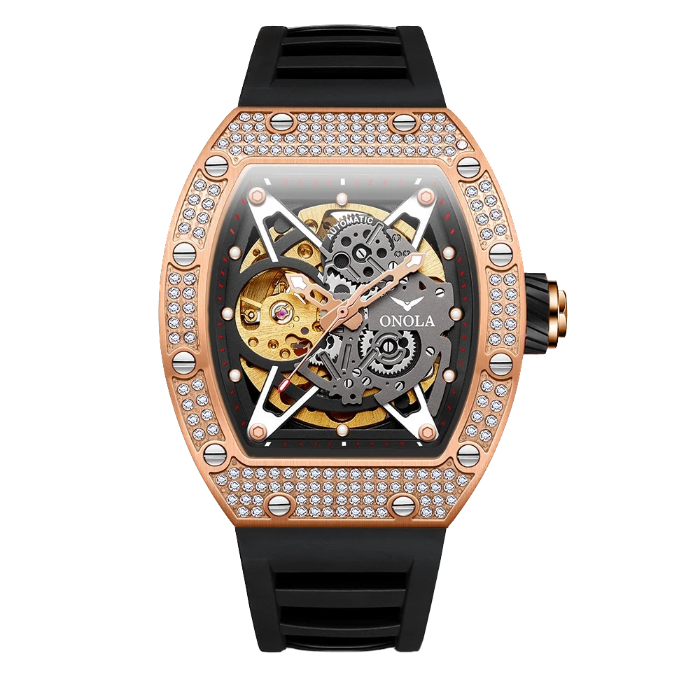 Luxury watch with black strap, rose gold case, and diamond accents on a white background
