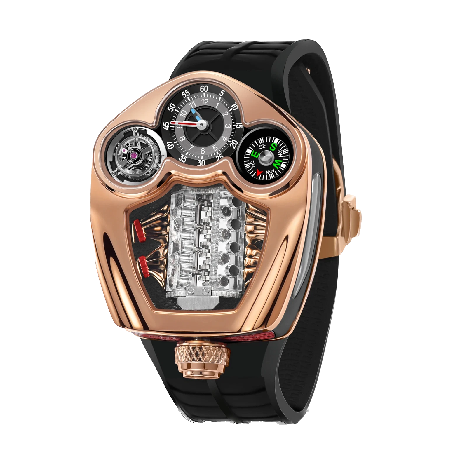 Luxury watch with intricate design and black strap on white background