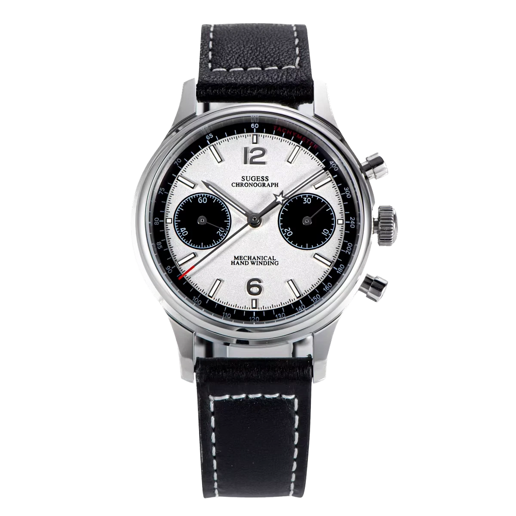 Wristwatch with black leather strap and white dial on a white background