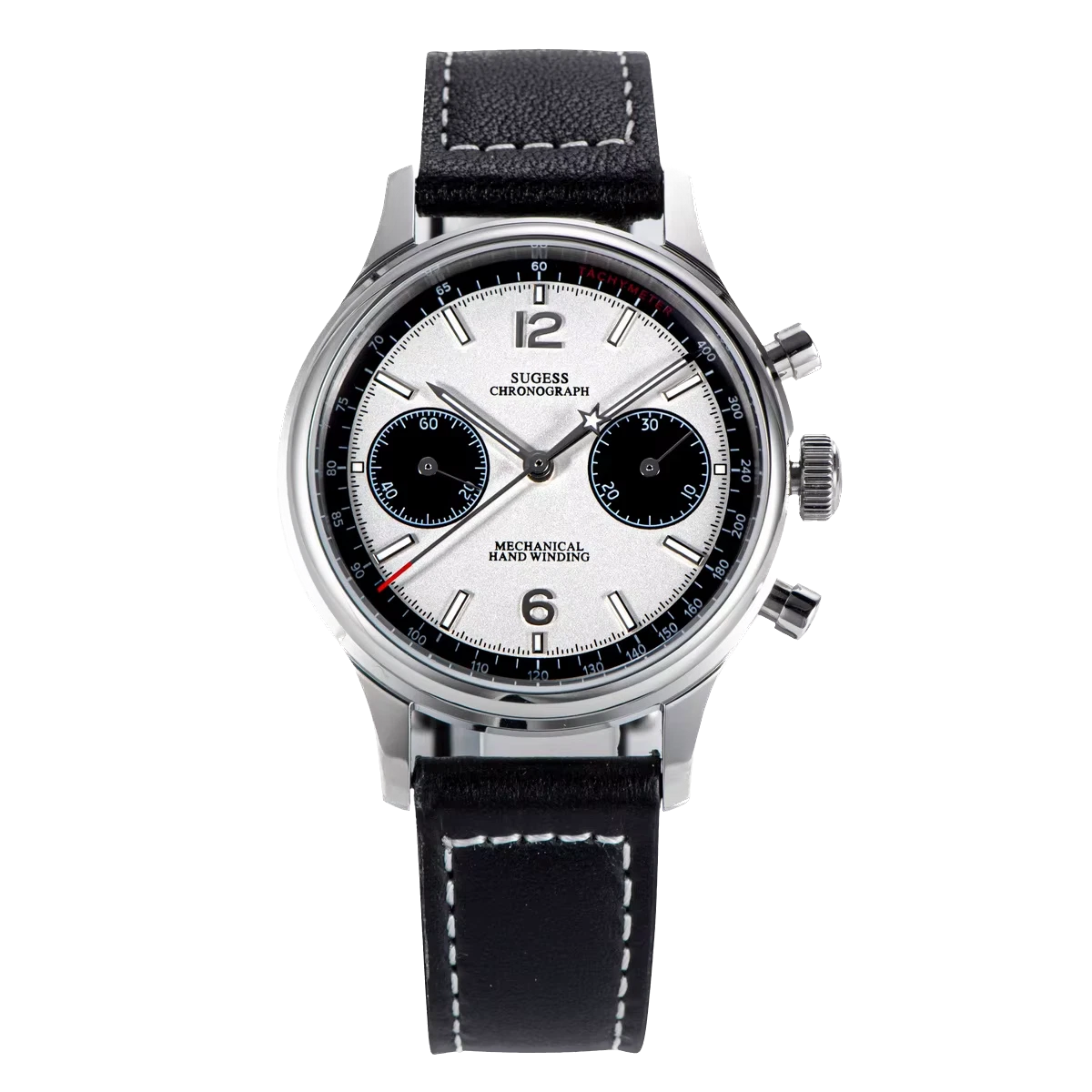 Wristwatch with black leather strap and white dial on a white background