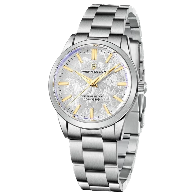 Silver watch with a detailed face on a white background