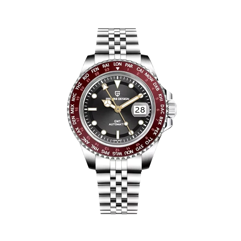 Watch with a black face and red bezel on a white background